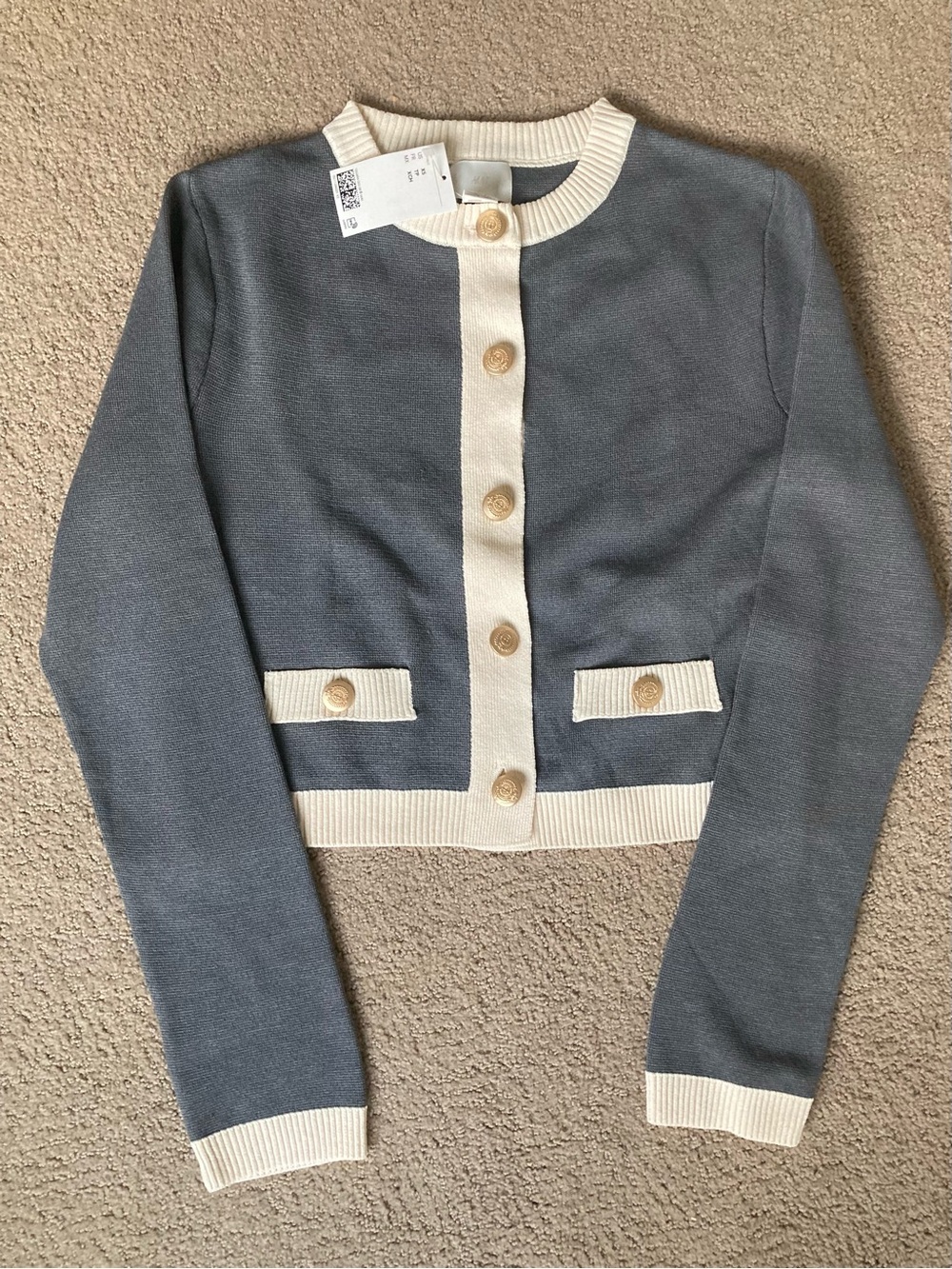 H&M Fine-Knit Grey Cardigan with Cream Trim
